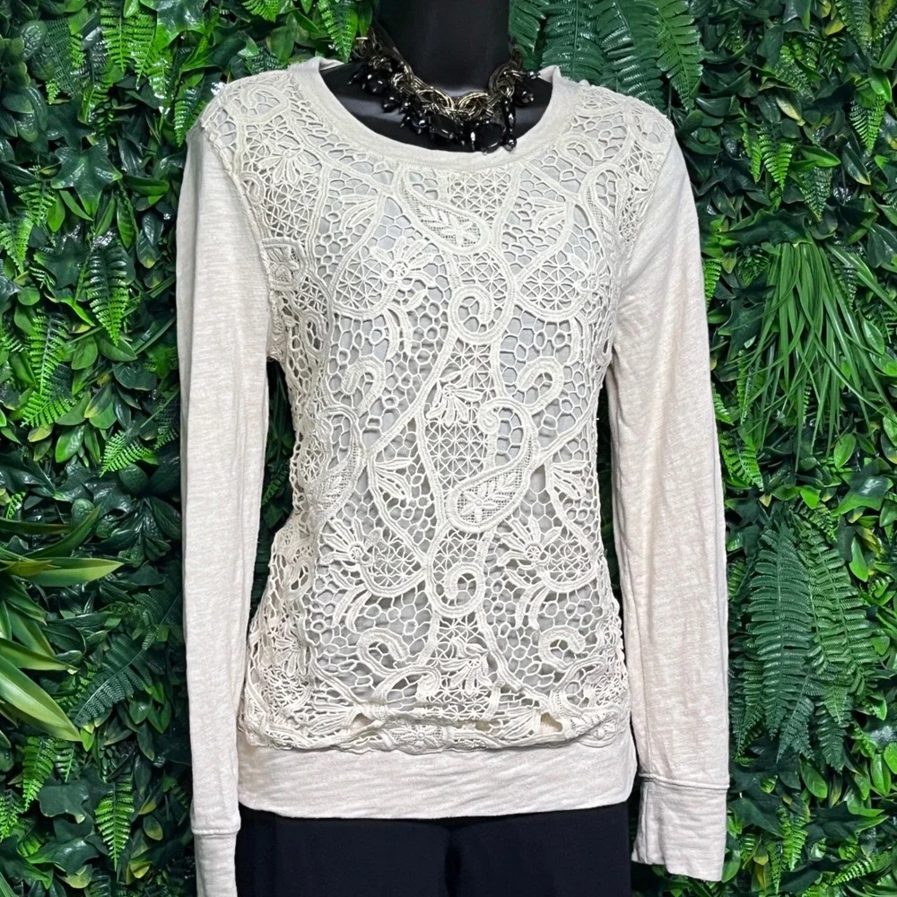 J. Crew Sweatshirt Small Cream Lace Front Crew Neck Long Sleeve Top Women 3335 - Picture 3 of 8